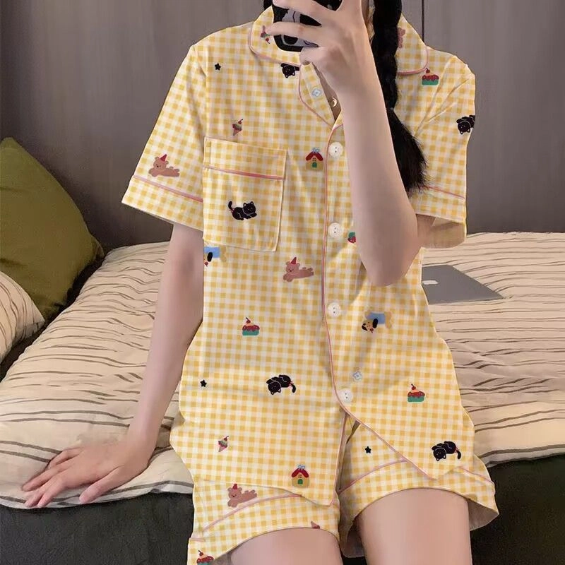 顶瓜瓜 夏季女透气舒适休闲可外穿短袖家居服睡衣套装 女款