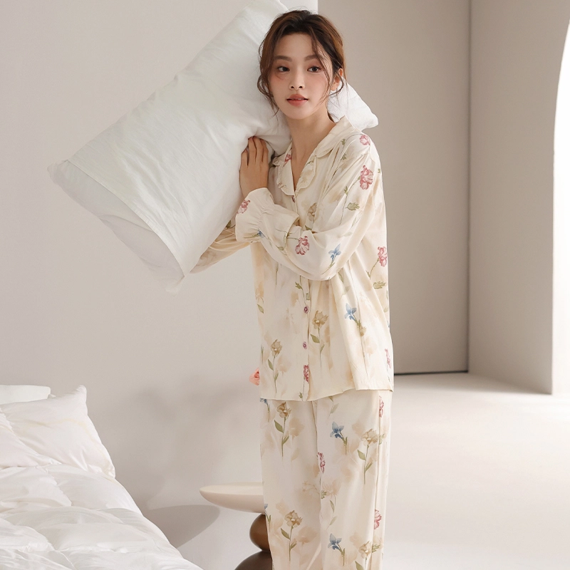 顶瓜瓜 国风长袖长裤休闲舒适花边家居服睡衣套装 女款