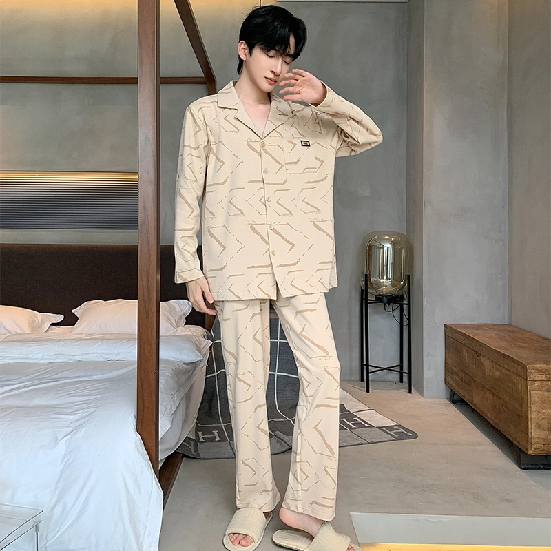 顶瓜瓜 简约风格翻领设计开衫舒适轻松可外穿家居服长袖长裤睡衣套装 男款