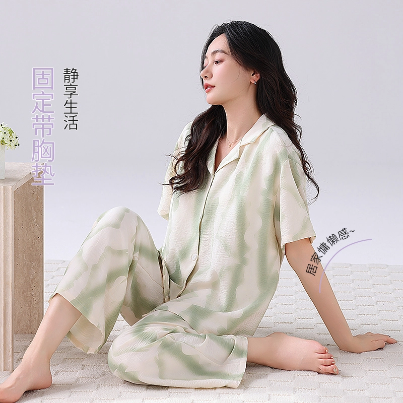顶瓜瓜 云朵棉带胸垫短袖长裤翻领开衫小清新两件套家居服夏季 睡衣套装 女款
