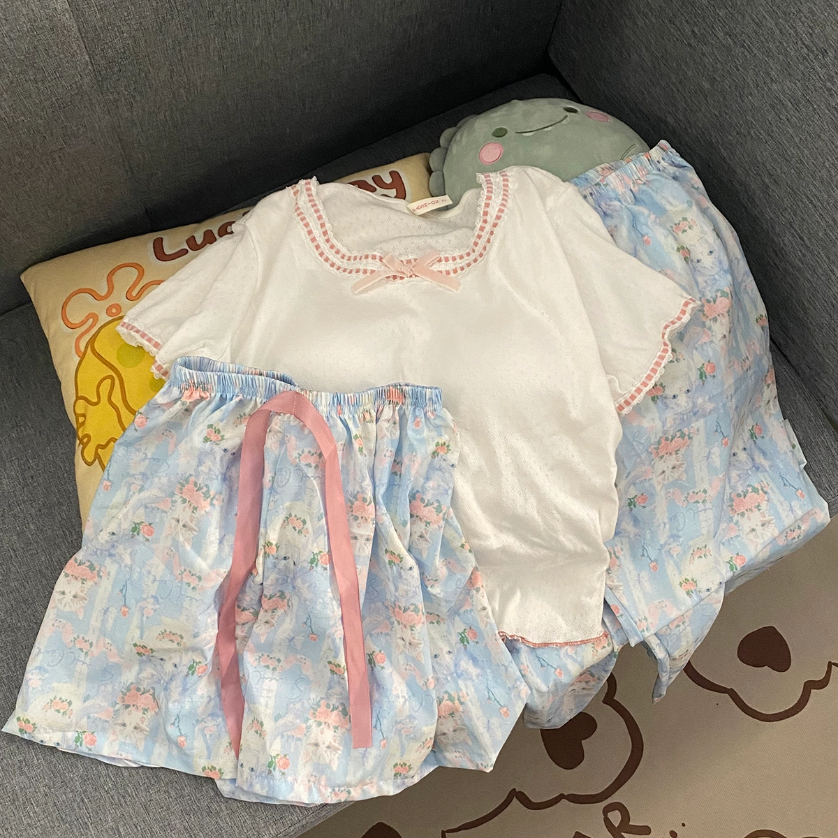 顶瓜瓜 夏季女透气舒适休闲风格短袖三件套家居服睡衣套装 女款