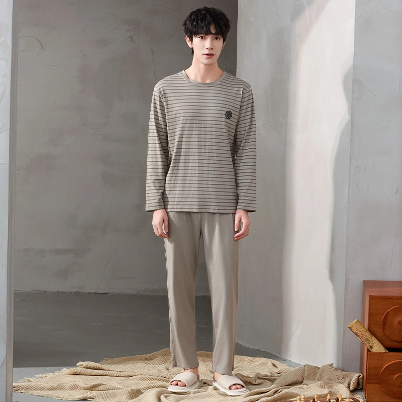 顶瓜瓜 条纹图案圆领设计纯棉面料亲肤舒适可外穿家居服睡衣套装 男款