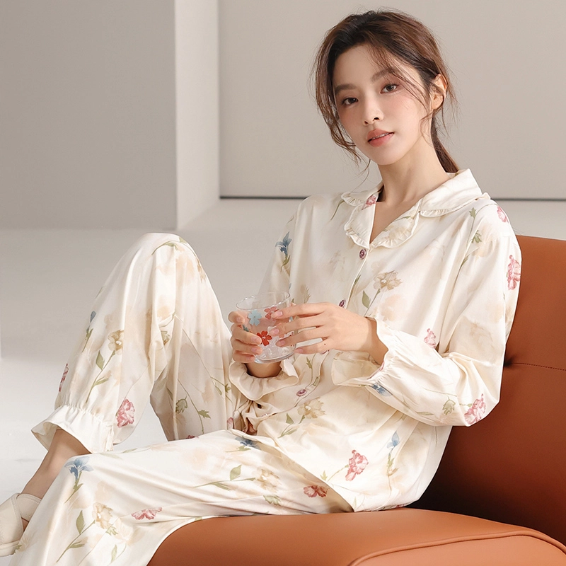 顶瓜瓜 国风长袖长裤休闲舒适花边家居服睡衣套装 女款