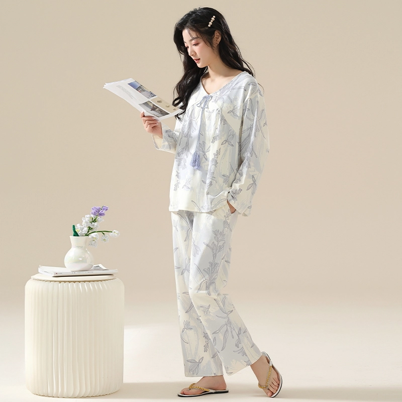 顶瓜瓜 居家舒适休闲简约风长袖复古家居服睡衣套装 女款