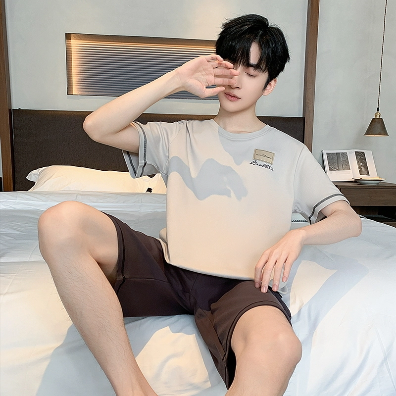 顶瓜瓜 简约舒适短袖上衣可外穿家居服五分裤睡衣套装 男款