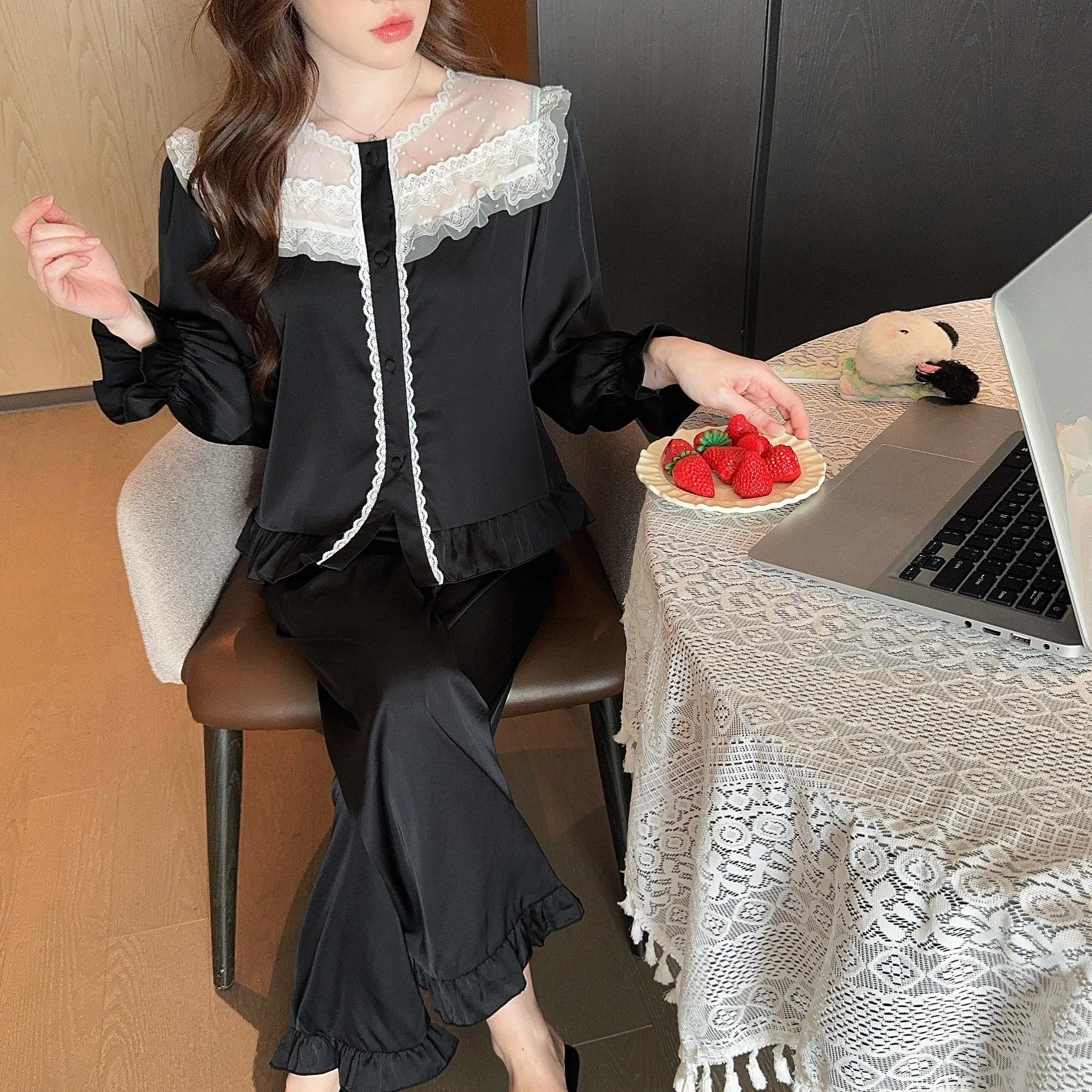 顶瓜瓜 简约舒适冰丝面料可外穿家居服睡衣套装 女款