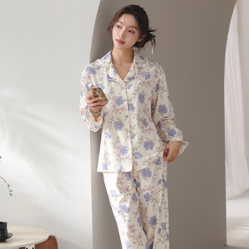 顶瓜瓜 国风长袖长裤休闲甜美舒适花朵家居服睡衣套装 女款