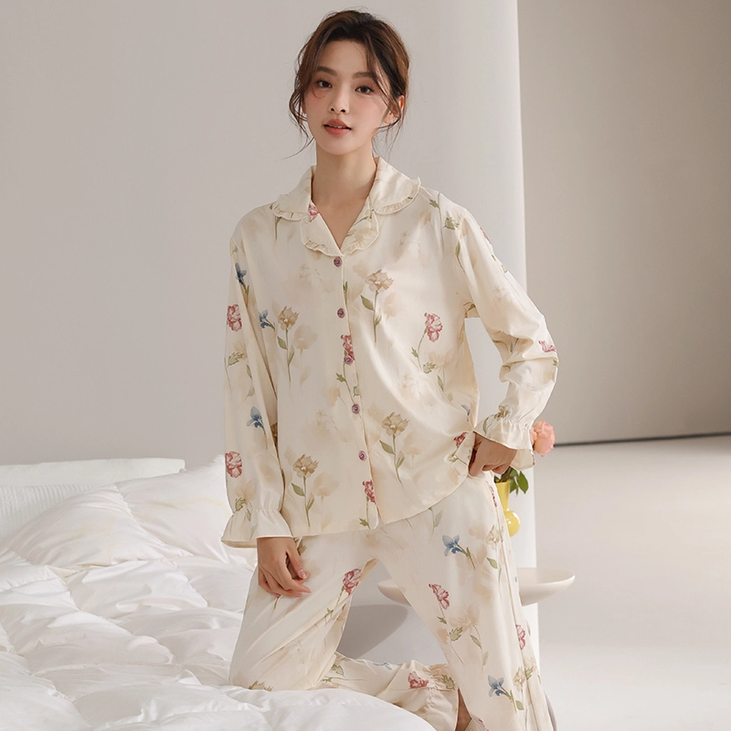 顶瓜瓜 国风长袖长裤休闲舒适花边家居服睡衣套装 女款