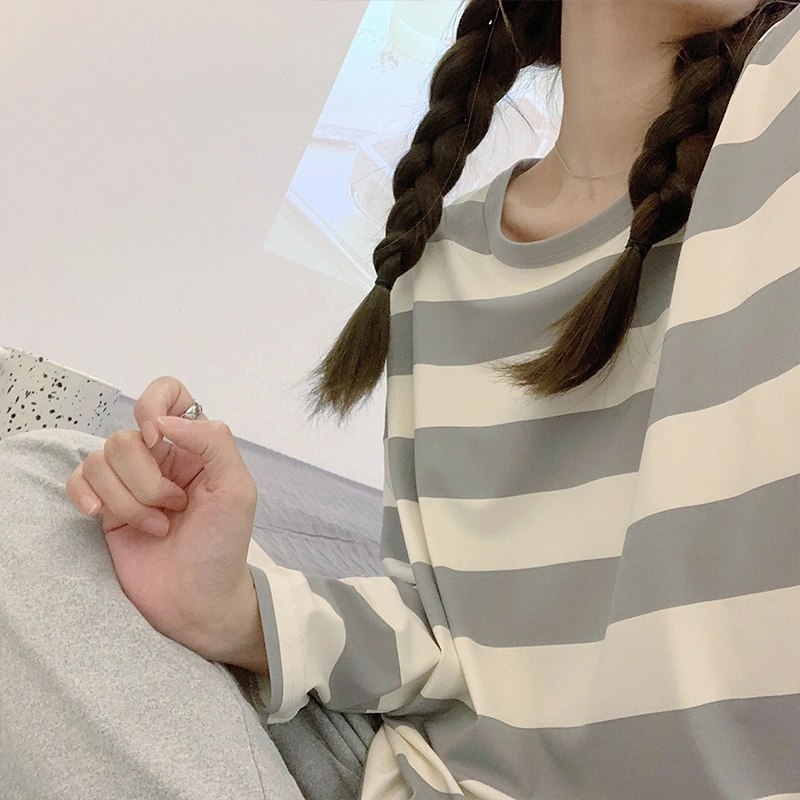顶瓜瓜 设计简约圆领条纹图案舒适可外穿家居睡衣套装 女款