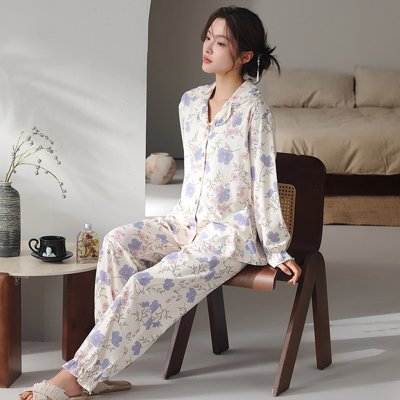 顶瓜瓜 国风长袖长裤休闲甜美舒适花朵家居服睡衣套装 女款