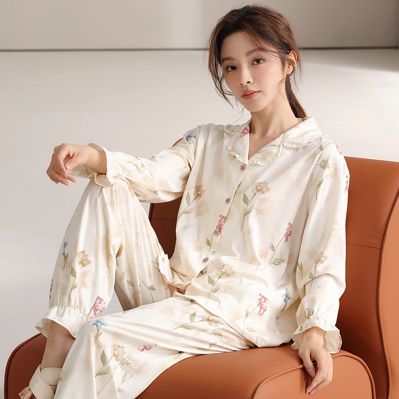 顶瓜瓜 国风长袖长裤休闲舒适花边家居服睡衣套装 女款