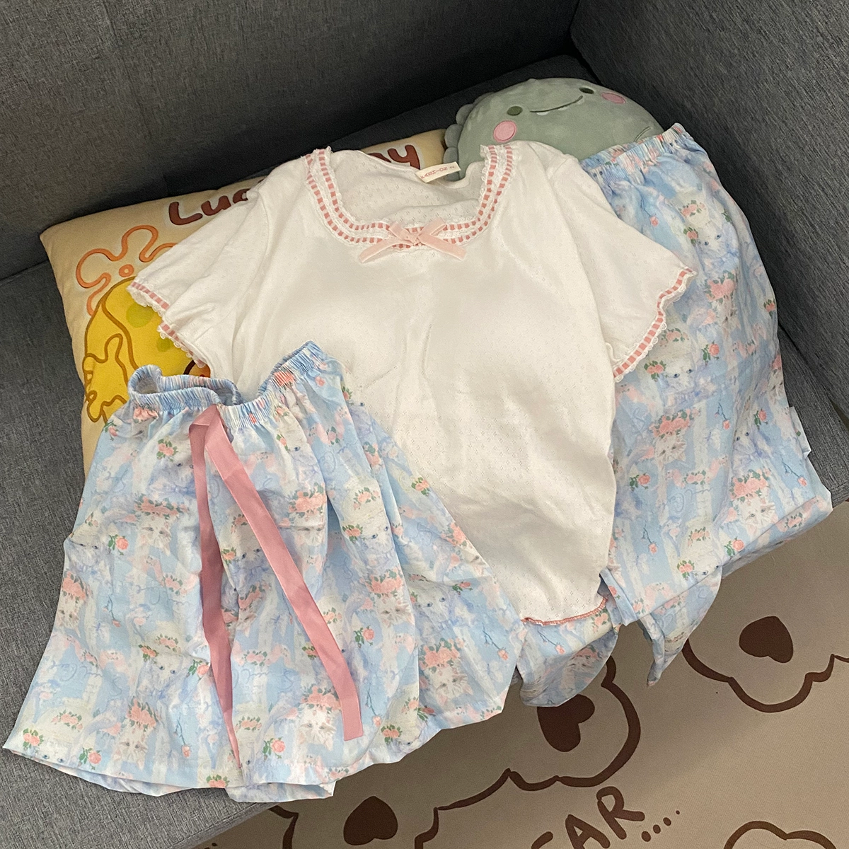 顶瓜瓜 夏季女透气舒适休闲风格短袖三件套家居服睡衣套装 女款
