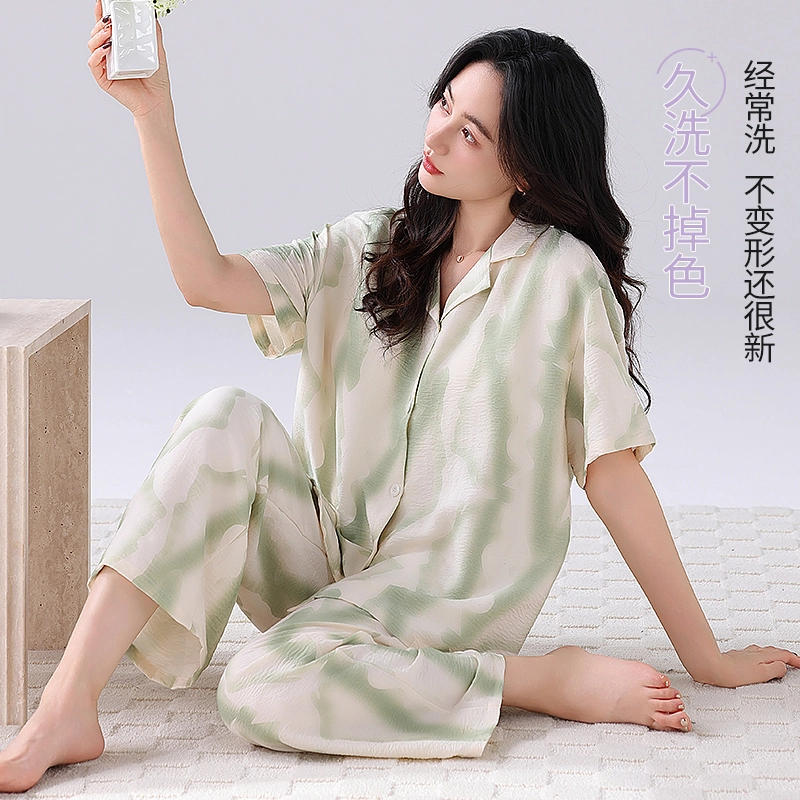 顶瓜瓜 云朵棉带胸垫短袖长裤翻领开衫小清新两件套家居服夏季 睡衣套装 女款