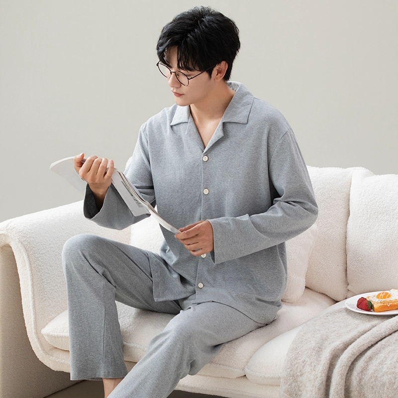 顶瓜瓜 长袖长裤简约风格翻领开衫舒适轻松睡衣套装 男款