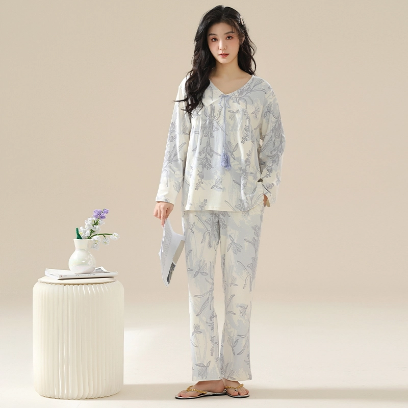 顶瓜瓜 居家舒适休闲简约风长袖复古家居服睡衣套装 女款