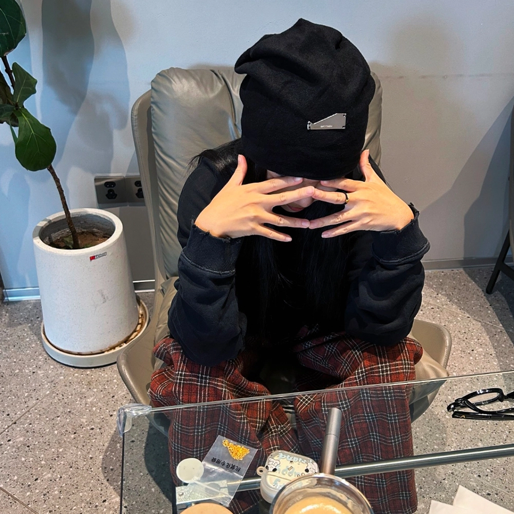 俞兆林 秋冬慵懒风大头围时尚金属标堆堆帽 套头冷帽 腈纶 绒线帽 男女同款情侣款