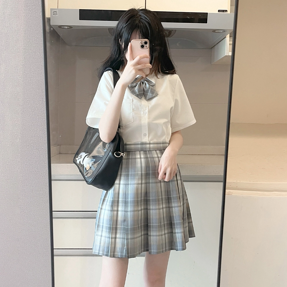 日暮星河 日系学院风校供收腰通勤时尚休闲短袖两件套衬衫套装 女款
