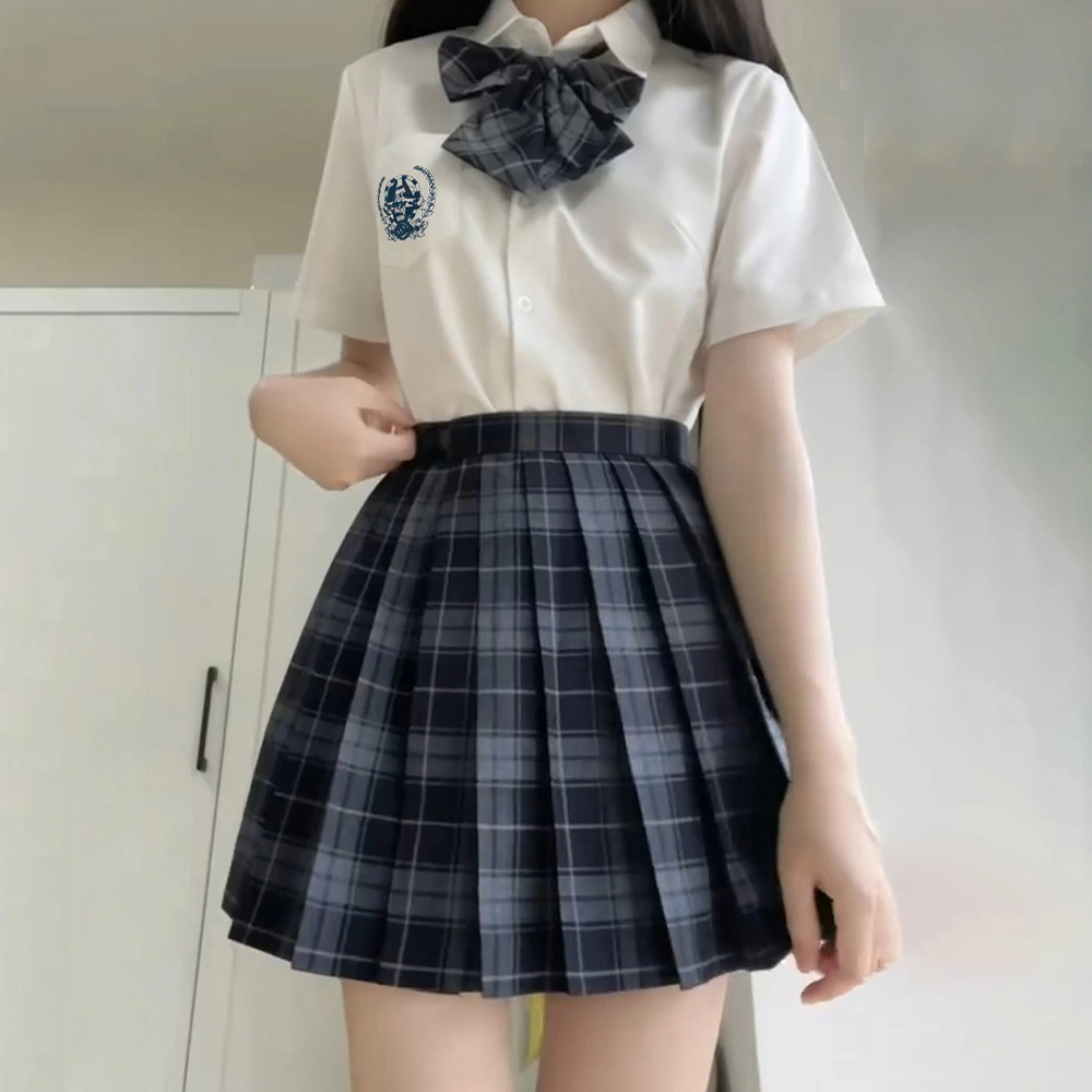 日暮星河 学院风格子百褶裙短袖上衣两件套衬衫套装 女款