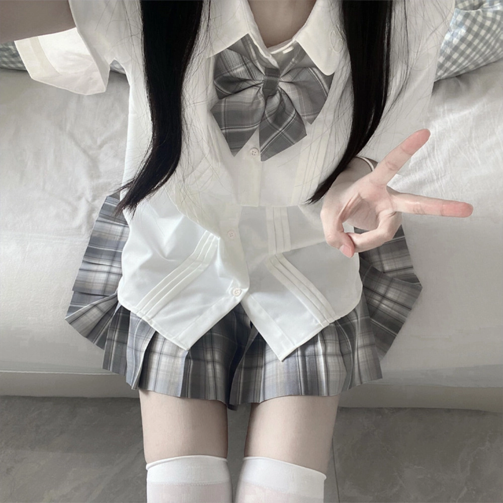日暮星河 日系学院风校供收腰通勤时尚休闲短袖两件套衬衫套装 女款