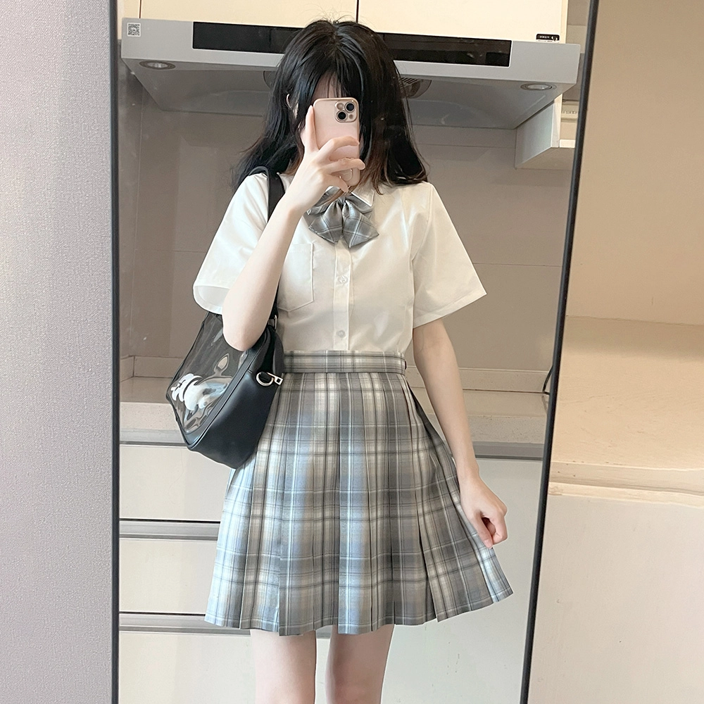 日暮星河 日系学院风校供收腰通勤时尚休闲短袖两件套衬衫套装 女款