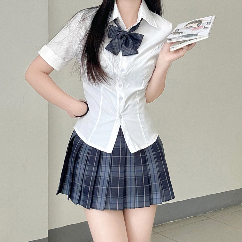 日暮星河 学院风格子百褶裙短袖上衣两件套衬衫套装 女款