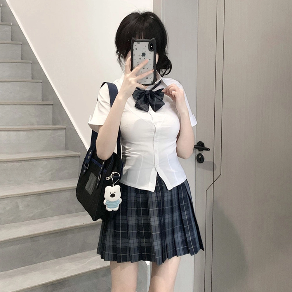 日暮星河 学院风格子百褶裙短袖上衣两件套衬衫套装 女款