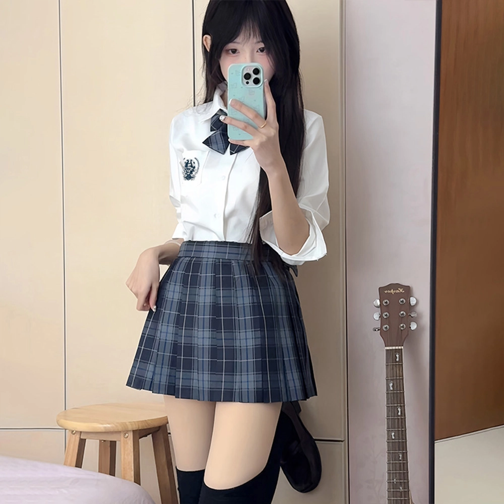 日暮星河 学院风格子百褶裙短袖上衣两件套衬衫套装 女款