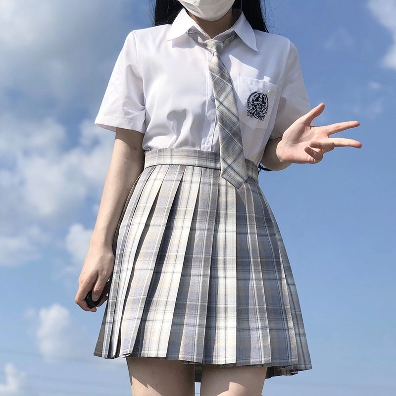 日暮星河 日系学院风校供收腰通勤时尚休闲短袖两件套衬衫套装 女款