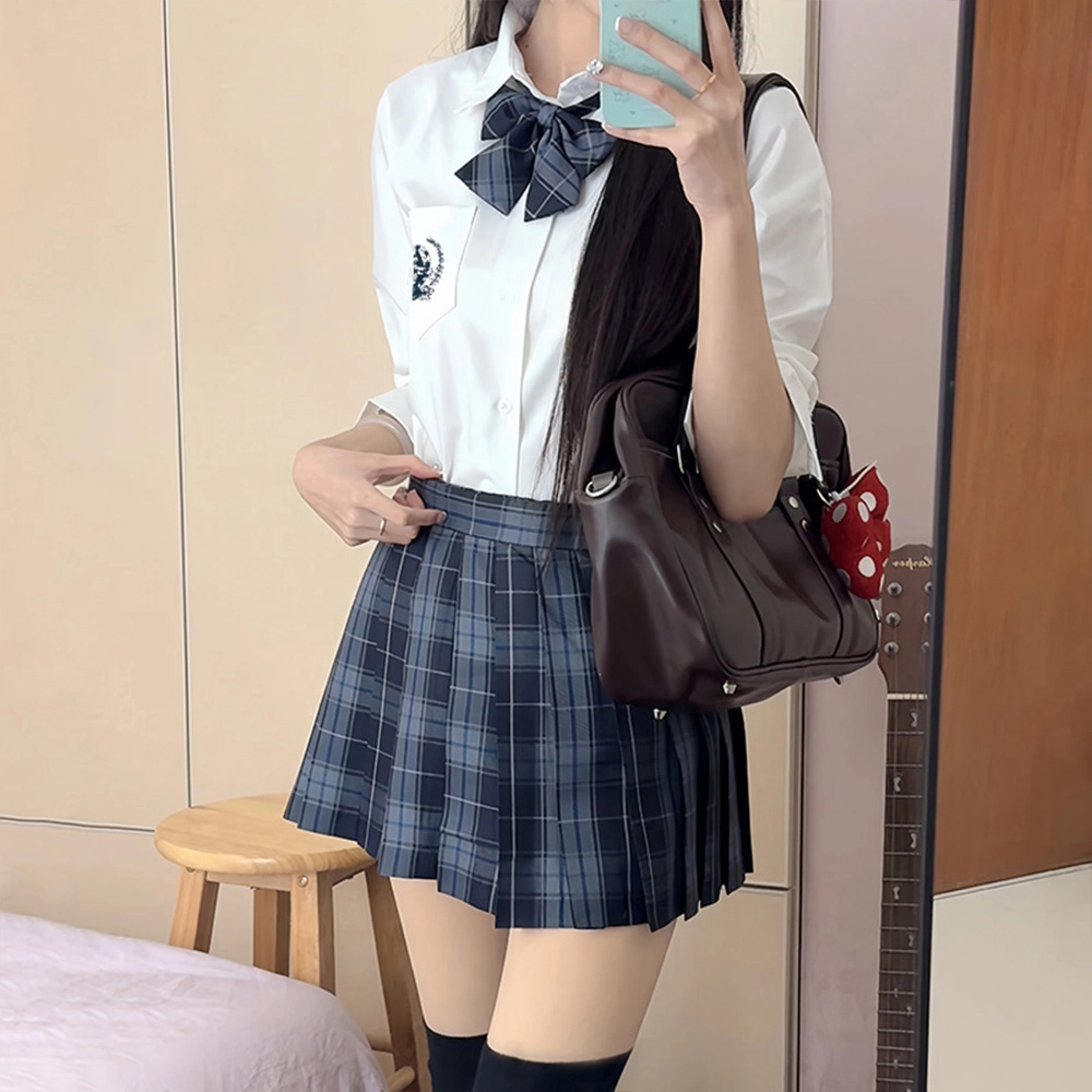 日暮星河 学院风格子百褶裙短袖上衣两件套衬衫套装 女款