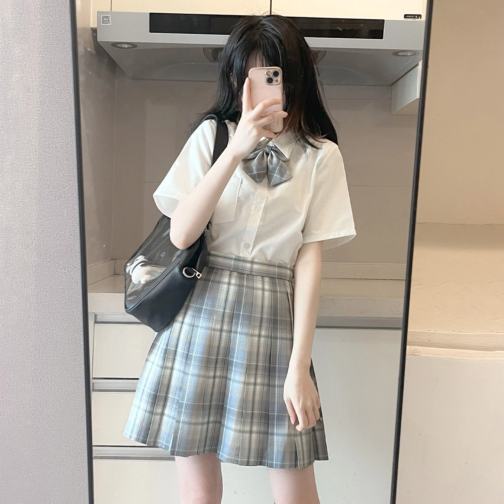 日暮星河 日系学院风校供收腰通勤时尚休闲短袖两件套衬衫套装 女款