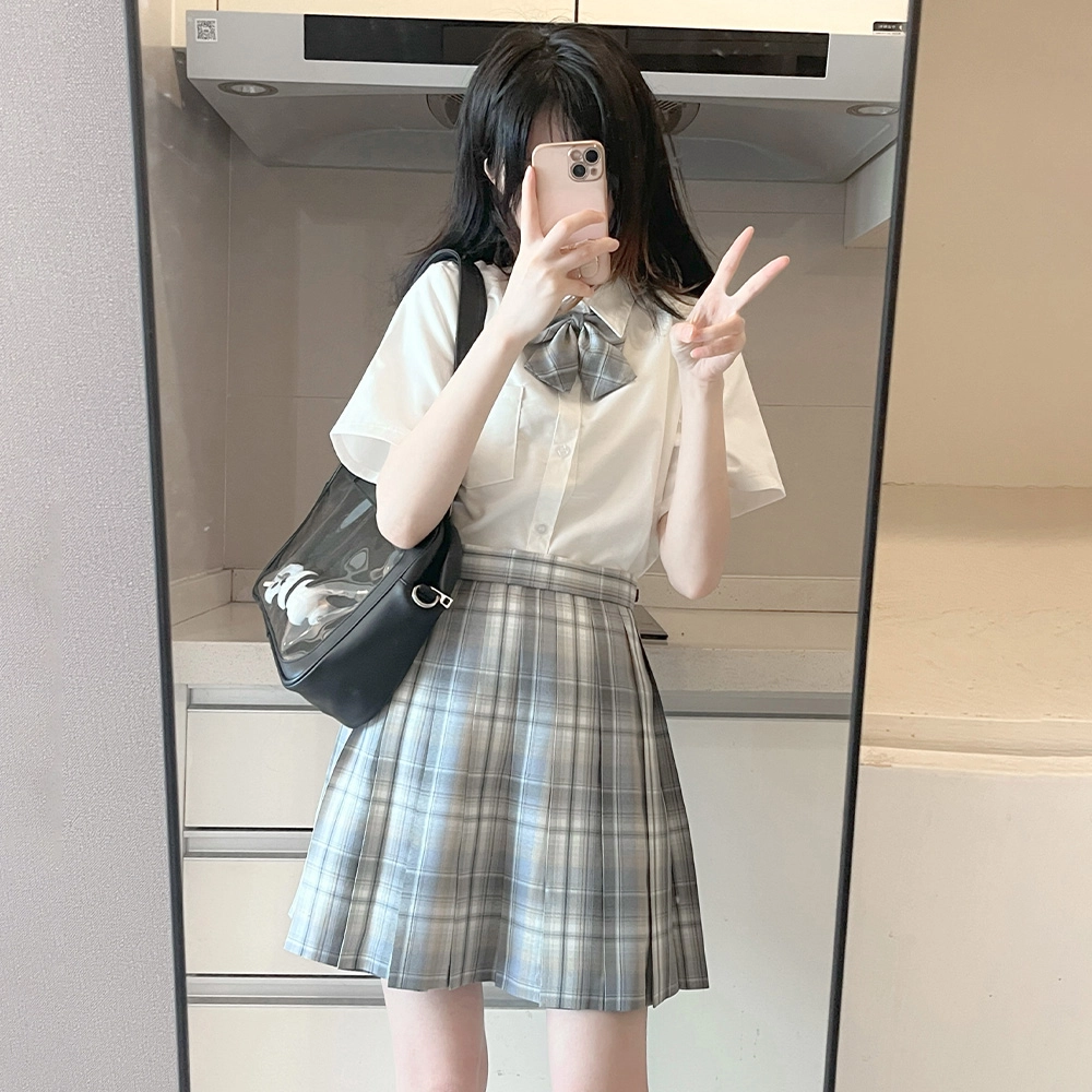 日暮星河 日系学院风校供收腰通勤时尚休闲短袖两件套衬衫套装 女款
