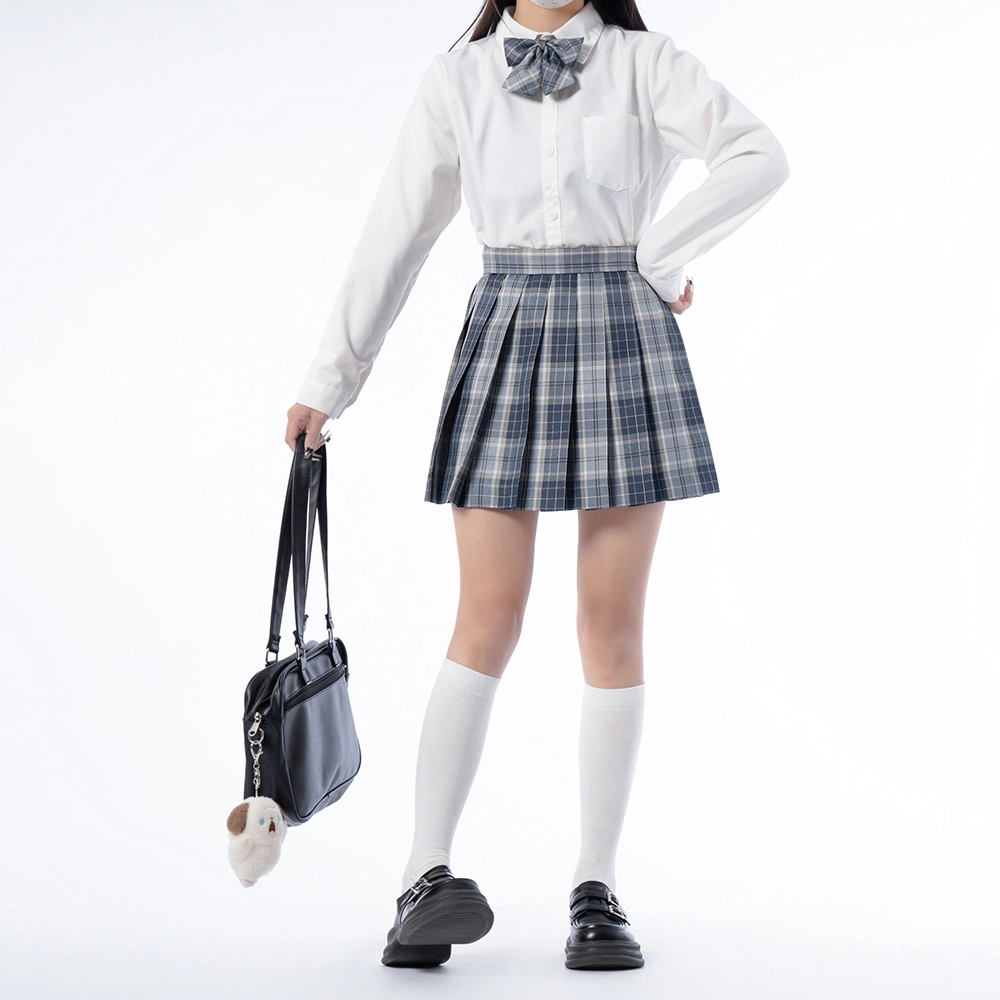 日暮星河 学院风休闲百搭长袖上衣日系百褶裙衬衫套装 女款 青野