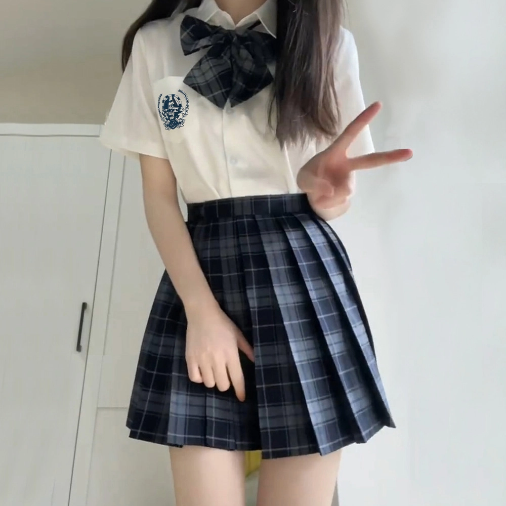 日暮星河 学院风格子百褶裙短袖上衣两件套衬衫套装 女款