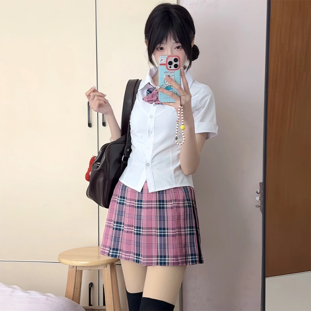 日暮星河 东京涩莓制服辣妹纯欲风百搭叠穿内搭白色衬衣格裙裙装套装 女款