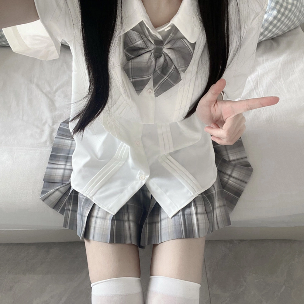日暮星河 日系学院风校供收腰通勤时尚休闲短袖两件套衬衫套装 女款