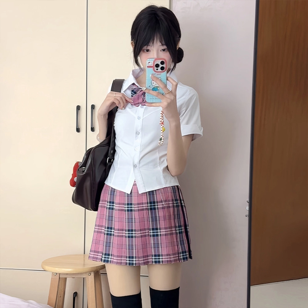 日暮星河 东京涩莓制服辣妹纯欲风百搭叠穿内搭白色衬衣格裙裙装套装 女款