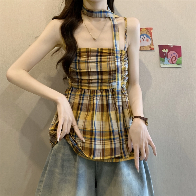 缪斯的诱惑 甜辣妹设计感格子背心女装夏季显瘦小众褶皱收腰无袖吊带 女款