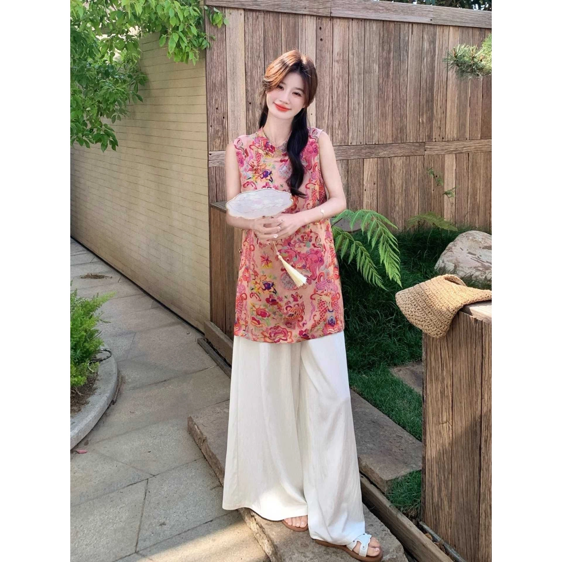 缪斯的诱惑 提花无袖中长款上衣凉感阔腿裤休闲套装 女款