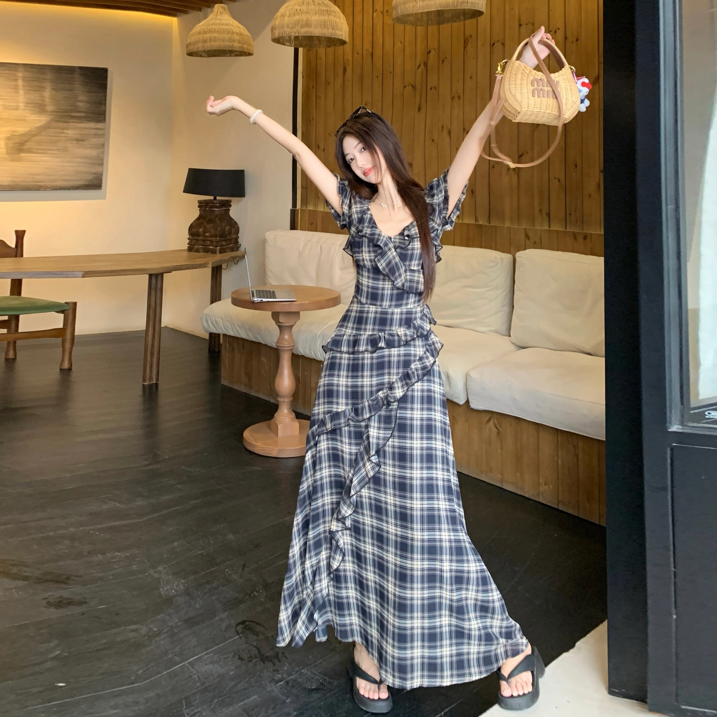 缪斯的诱惑 版型巨显瘦夏日强推格子露肩大码短袖连衣裙 女款
