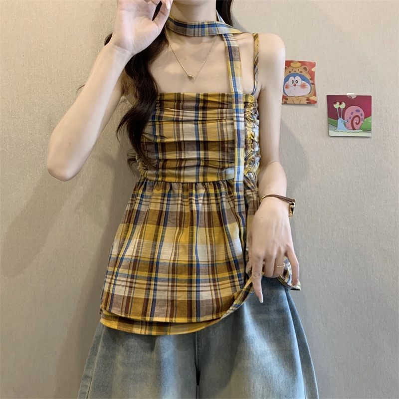缪斯的诱惑 甜辣妹设计感格子背心女装夏季显瘦小众褶皱收腰无袖吊带 女款