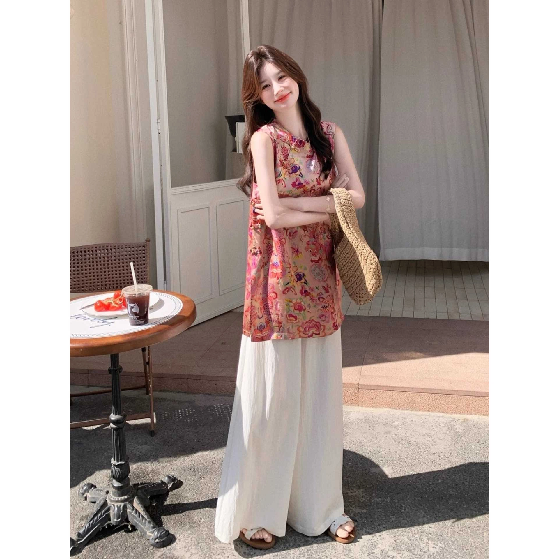 缪斯的诱惑 提花无袖中长款上衣凉感阔腿裤休闲套装 女款