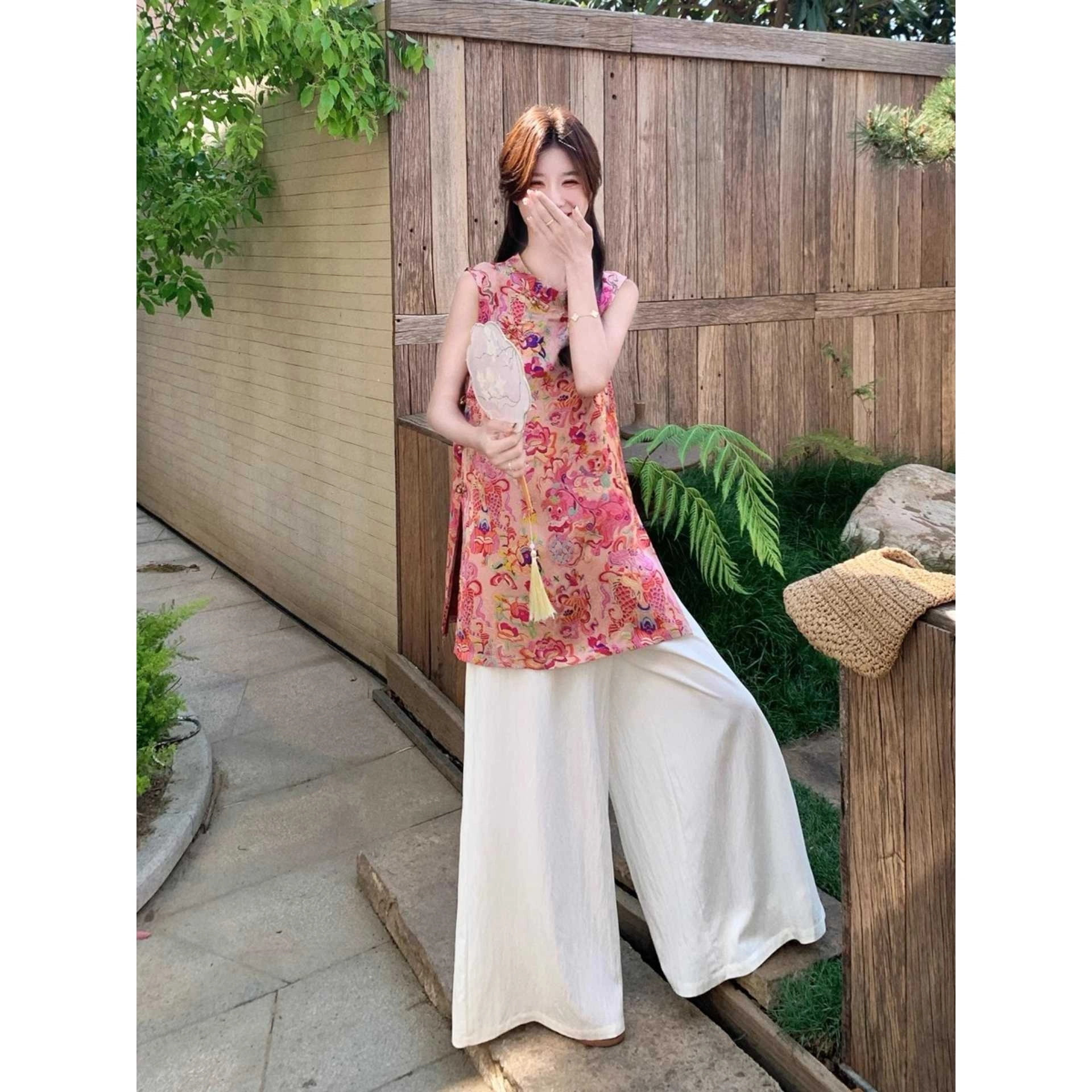 缪斯的诱惑 提花无袖中长款上衣凉感阔腿裤休闲套装 女款