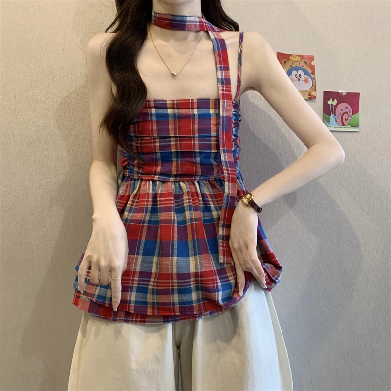 缪斯的诱惑 甜辣妹设计感格子背心女装夏季显瘦小众褶皱收腰无袖吊带 女款