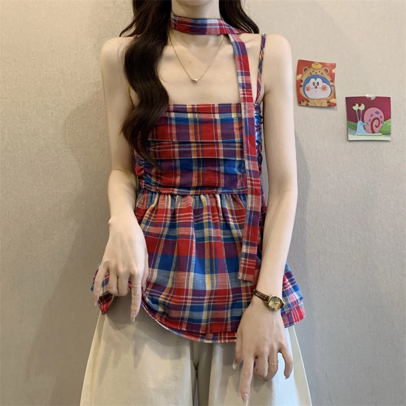 缪斯的诱惑 甜辣妹设计感格子背心女装夏季显瘦小众褶皱收腰无袖吊带 女款
