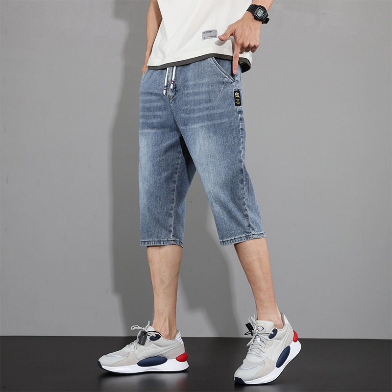 么宁 夏季薄款潮流时尚合身直筒七分裤舒适透气弹力简约百搭休闲个性痞帅牛仔短裤 男女同款