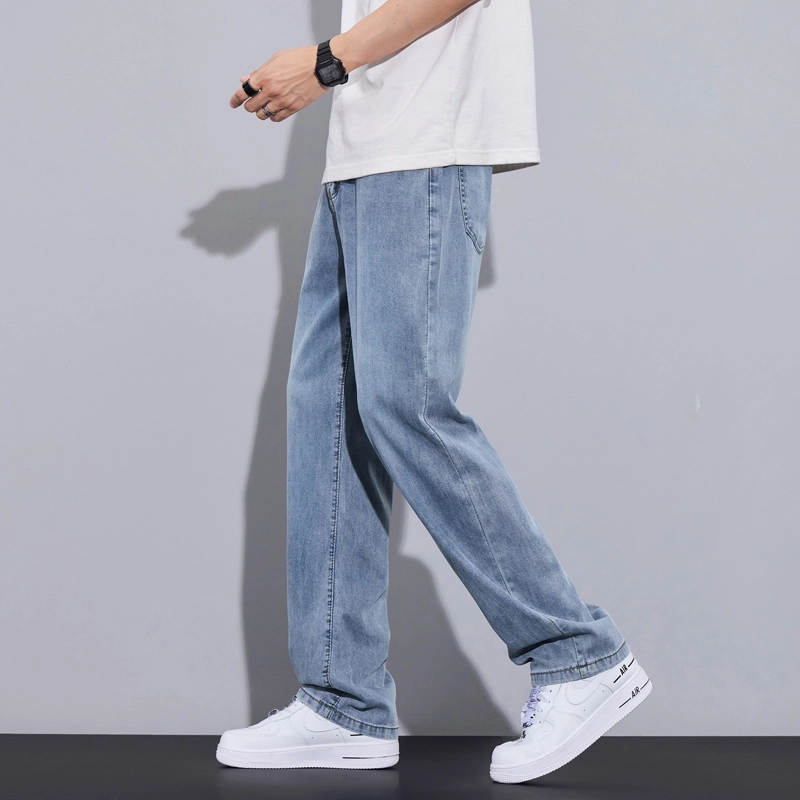 么宁 潮流时尚简约百搭薄款弹力松紧腰宽松直筒舒适透气牛仔裤 男女同款
