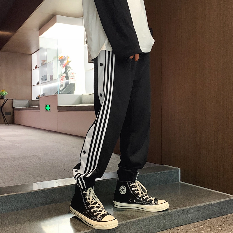 么宁 侧边条纹纽扣装饰设计感舒适透气潮流时尚简约百搭个性痞帅束脚休闲裤 男女同款