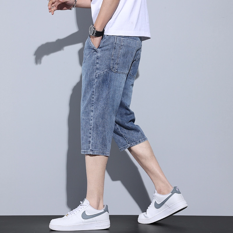 么宁 夏季薄款潮流时尚合身直筒七分裤简约百搭舒适透气弹力休闲个性痞帅牛仔短裤 男女同款