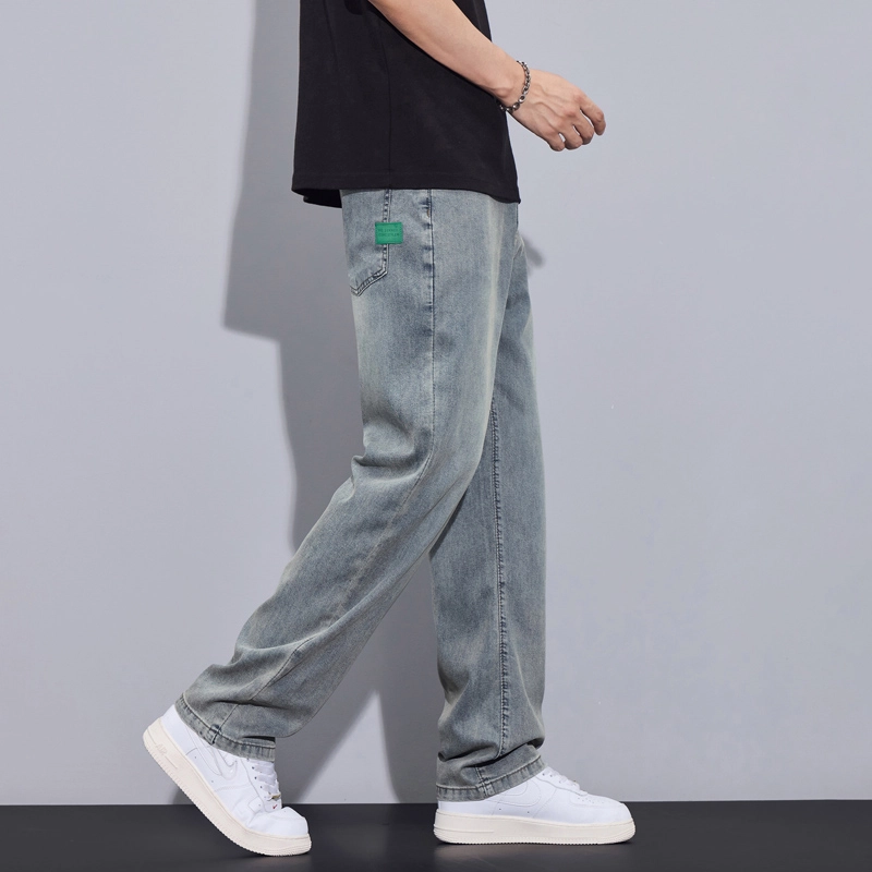 么宁 潮流时尚简约百搭薄款弹力松紧腰宽松直筒舒适透气牛仔裤 男女同款