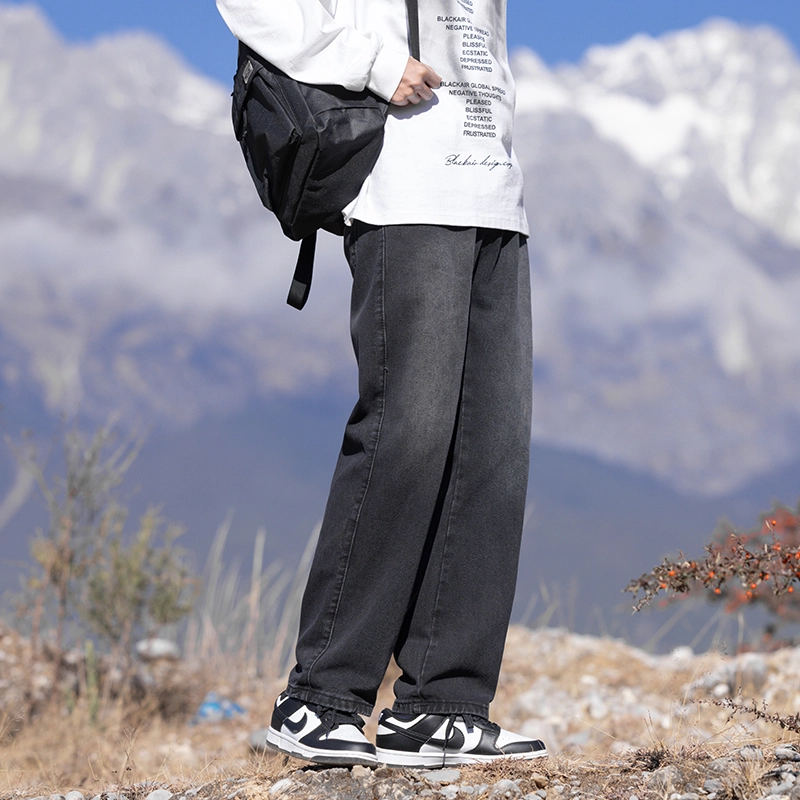 港风简约基础款字母印花休闲宽松直筒潮流耐穿牛仔裤 男女同款